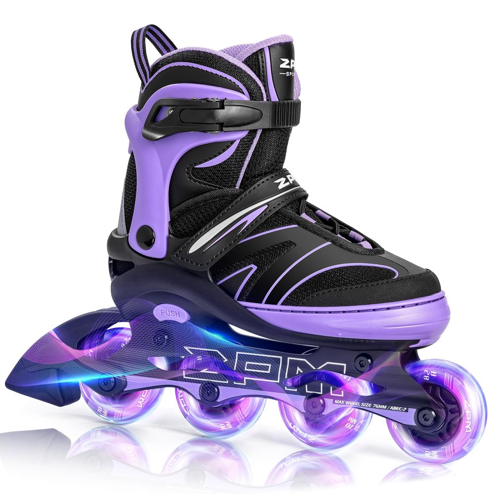 2PM SPORTS Kids Adjustable Inline Skates Ages 4-12, Youth Inlie Skates for Girls Boys 5-8 8-12 with Full Light Up Wheels, Beginner Women Men Adult Skates - Purple Medium