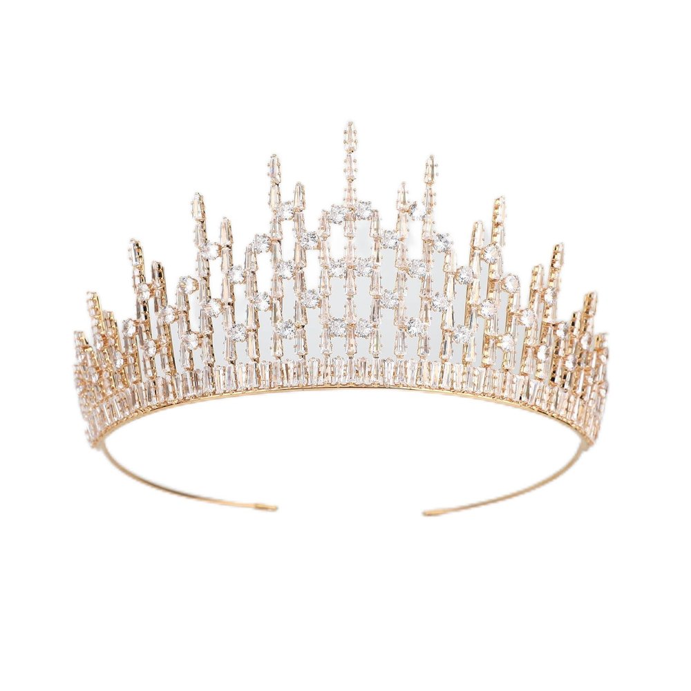 QXMYOO Luxury Crystal CZ Cubic Wedding Tiara Tall Pageant Quinceanera Queen Crown for Women Bride Prom Birthday Costume Bridal Hair Accessories Jewelry (Gold)