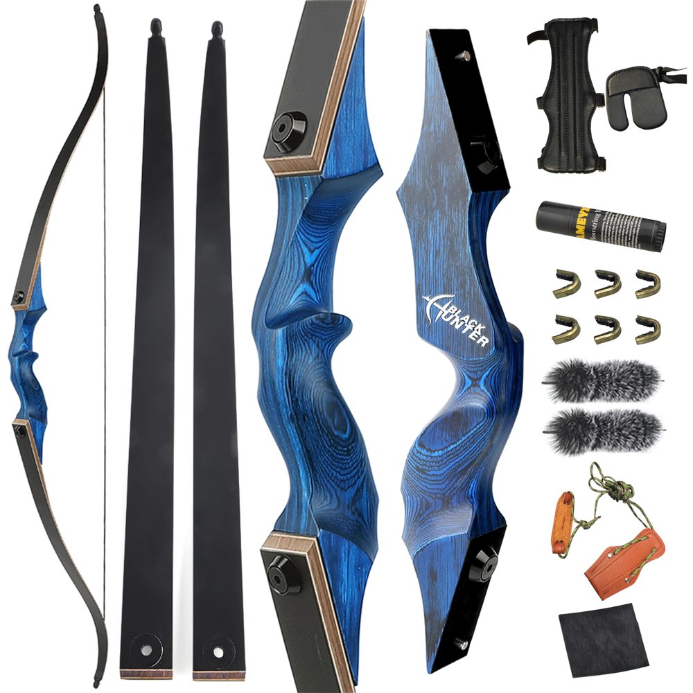 ZSHJGJR Archery 60 Inch Black Hunter Original Recurve Bow for Adults American Hunting Longbow Archery Bow 20-60lbs Right Handed for Archery Hunting Shooting Practice (30lbs, Diamond Blue)