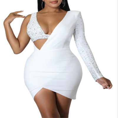 Recious Womens Sexy Asymmetric Sleeve Deep V Neck Rhinestone Bodycon Party Clubwear Dress (White,XL)