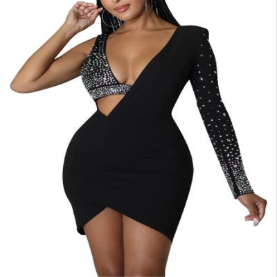 Recious Womens Sexy Asymmetric Sleeve Deep V Neck Rhinestone Bodycon Party Clubwear Dress (Black,XL)