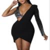 Recious Womens Sexy Asymmetric Sleeve Deep V Neck Rhinestone Bodycon Party Clubwear Dress (Black,XL) view 1