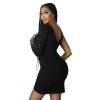 Recious Womens Sexy Asymmetric Sleeve Deep V Neck Rhinestone Bodycon Party Clubwear Dress (Black,XL) view 2
