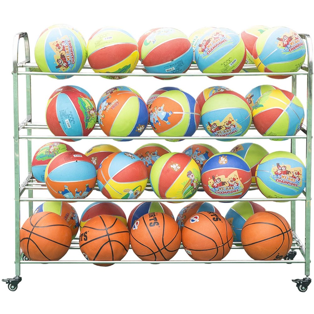 Bsetain Ball Storage Rack Organizer Double-Wide Rolling Ball Cart for Kindergarten/Garage, Heavy-Duty Stainless Steel Basketball Rack with Wheels, Holds 40 Balls