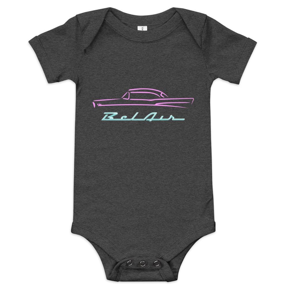 1957 Chevy Bel Air Pink Antique Classic Car Miami Beach Art Deco Theme Custom Baby Onesie Short Sleeve one Piece