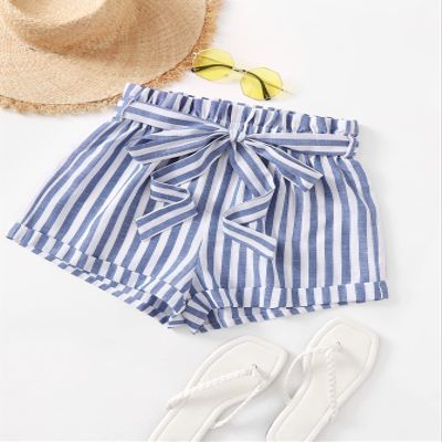 ABZEKH Shorts for Women Shorts Women's Shorts Rolled Hem Self Belted Striped Shorts Shorts (Size : Large)