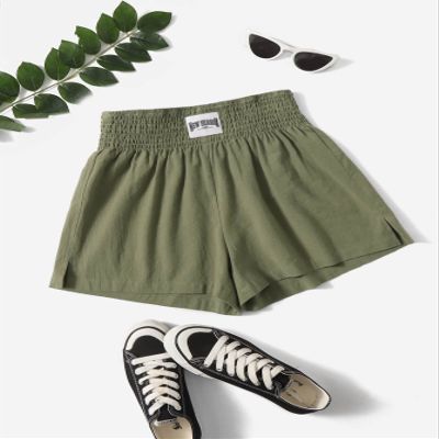 ABZEKH Shorts for Women Shorts Women's Shorts Patch Detail Shirred Waist Shorts Shorts (Color : Army Green, Size : X-Small)