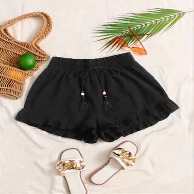 ABZEKH Shorts for Women Shorts Women's Shorts Tassel Tie Paperbag Waist Ruffle Hem Shorts Shorts (Color : Black, Size : Large)