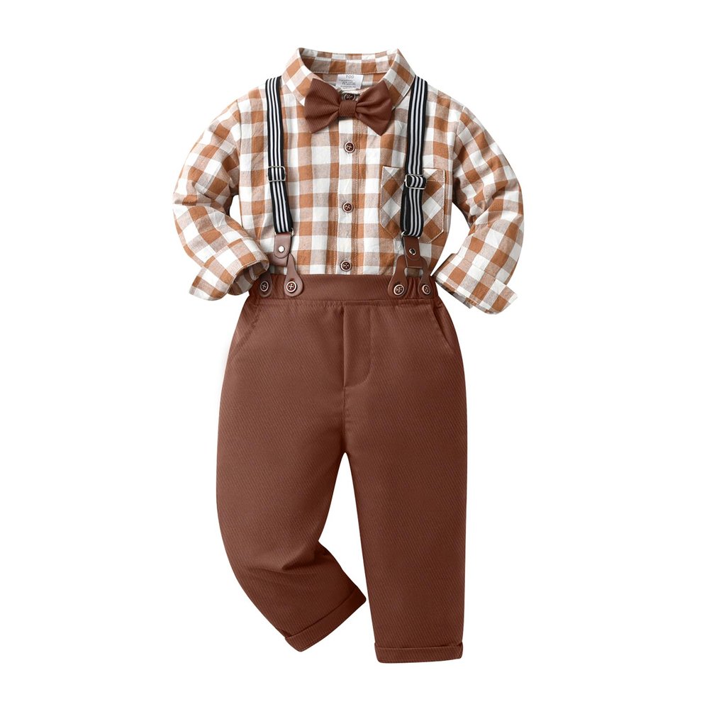 ALINTU Baby Boys Dress Clothes, Long Sleeve Dress Shirt + Pants Set, Gentleman Outfits for Boys, Plaid Brown, 12-18 Months = Tag 80