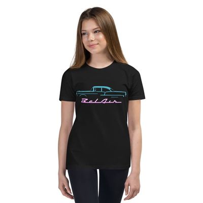 1955 Chevy Bel Air Antique Classic Car Miami Beach Art Deco Theme Custom Youth Short Sleeve T-Shirt Black