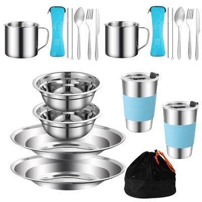 20PCS Camping Mess Kit Camping Dishes Set Stainless Steel Tableware Mess Kit Includes Plate Bowl Cup Spoon Fork Knife in Mesh Bags for Camping Backpacking & Hiking for 2 Person