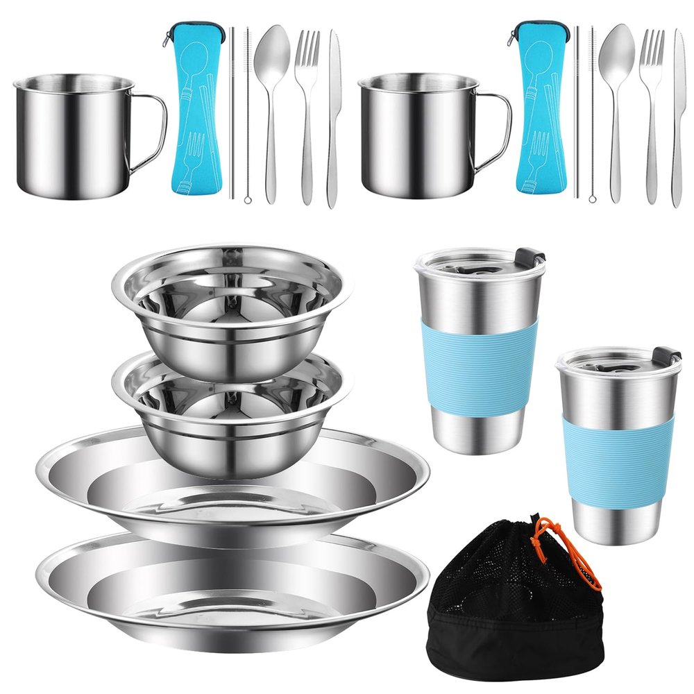 20PCS Camping Mess Kit Camping Dishes Set Stainless Steel Tableware Mess Kit Includes Plate Bowl Cup Spoon Fork Knife in Mesh Bags for Camping Backpacking & Hiking for 2 Person
