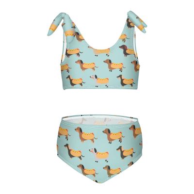 Aflyko Girls' Swimwear Dachshund Hot Dog Fun Blue 2-Piece Bikini Set Summer Swimsuit Holiday Bathing Suit Pool Party Beachwear Water Sport Tankini Set 5-6T