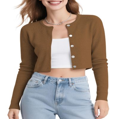 Urban CoCo Women's Long Sleeve Button Up Cropped Cardigan Sweaters for Women Crew Neck Short Bolero Shrug for Dresses Brown