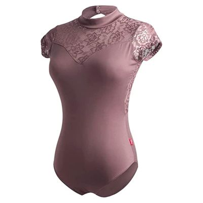 KKmeter Women Sheer Floral Lace Patchwork Gymnastics Ballet Dance Leotard Short Sleeve Open Back Bodysuit Tank Tops (Coffee, Large)