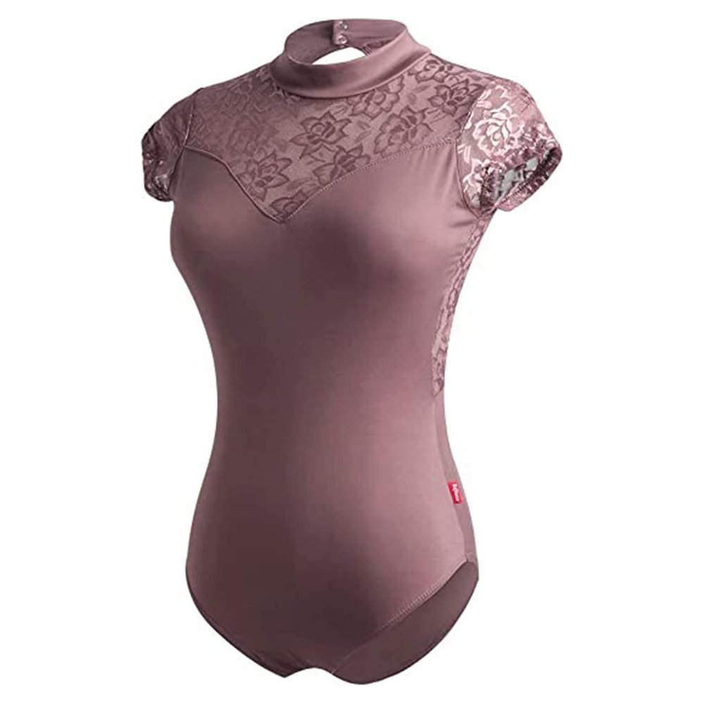KKmeter Women Sheer Floral Lace Patchwork Gymnastics Ballet Dance Leotard Short Sleeve Open Back Bodysuit Tank Tops (Coffee, Large)