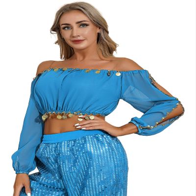 Agoky Women's Belly Dancing Crop Top Carnival Party Outfits Shiny Sequins Tops Beads Blouse Top SkyBlue One Size