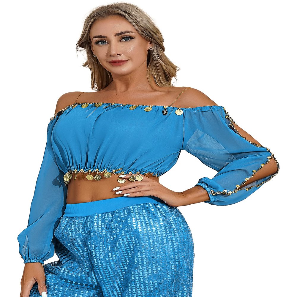 Agoky Women's Belly Dancing Crop Top Carnival Party Outfits Shiny Sequins Tops Beads Blouse Top SkyBlue One Size
