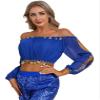 Agoky Women's Belly Dancing Crop Top Carnival Party Outfits Shiny Sequins Tops Beads Blouse Top Royal Blue One Size view 1