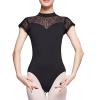 KKmeter Women Sheer Floral Lace Patchwork Gymnastics Ballet Dance Leotard Short Sleeve Open Back Bodysuit Tank Tops (Black, Medium) view 1