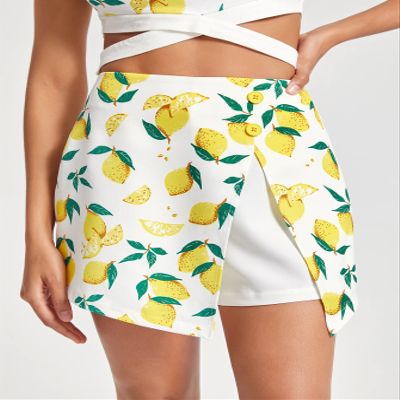 CRTGW Shorts for Women Lemon Print Wrap Hem Skort (Color : Multicolor, Size : X-Small)