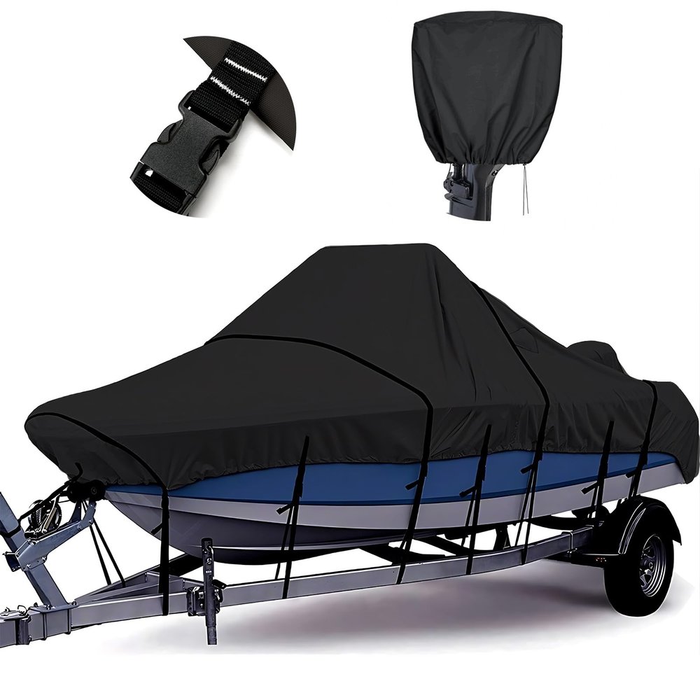 Tuszom 1200D 100% Waterproof Center Console Boat Cover with Motor Cover, Tear-Proof Trailerable Boat Cover for Center Console Boat with 13-19 Windproof Straps (Black, 16' - 18.5''L, UP to 98" W)