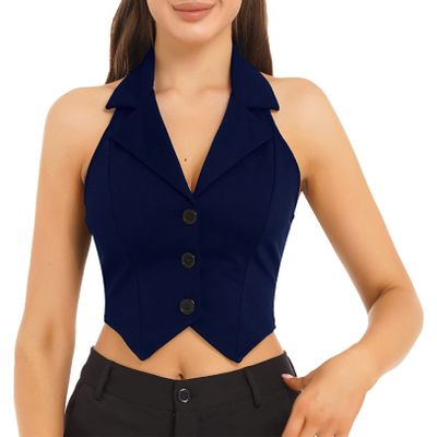Hularka Womens Vintage Button Down Dressy Vest V Neck Backless Formal Suit Waistcoat for Business Casual Navy Blue X-Large