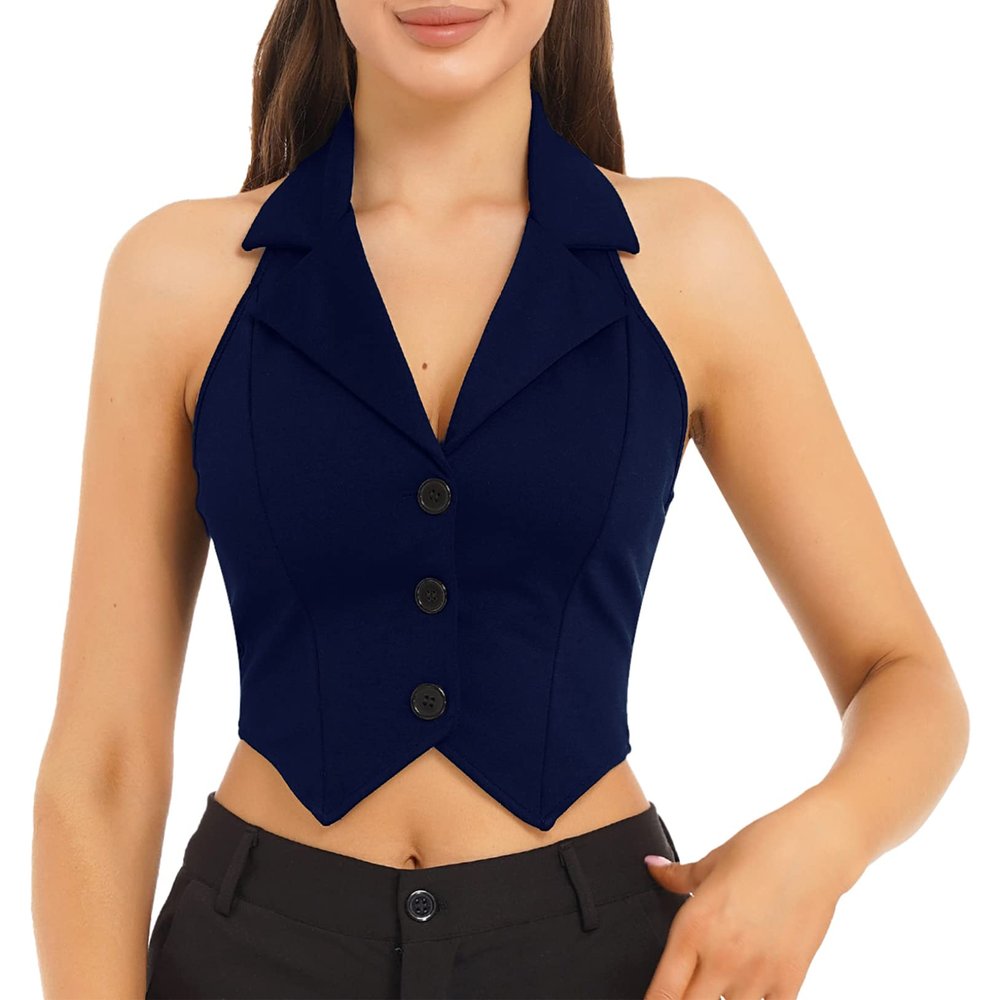 Hularka Womens Vintage Button Down Dressy Vest V Neck Backless Formal Suit Waistcoat for Business Casual Navy Blue X-Large