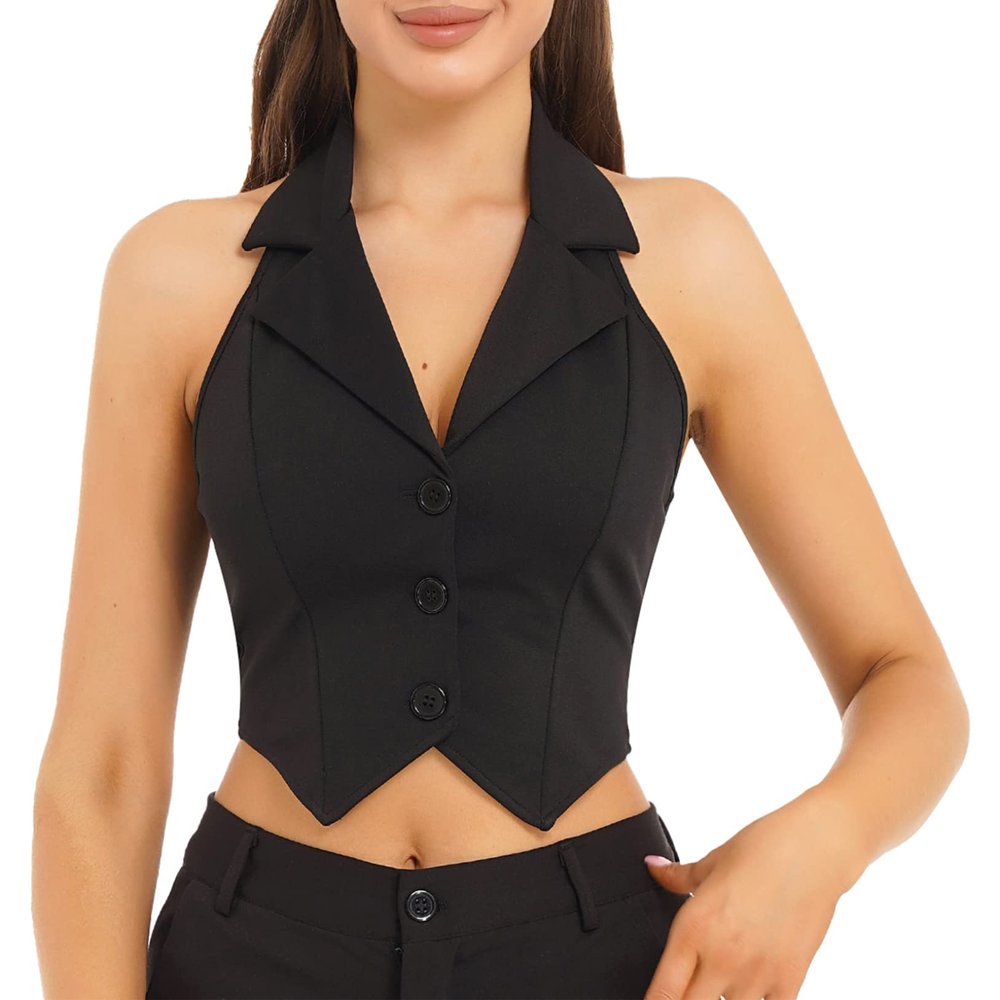 Hularka Womens Vintage Button Down Dressy Vest V Neck Backless Formal Suit Waistcoat for Business Casual Black X-Large