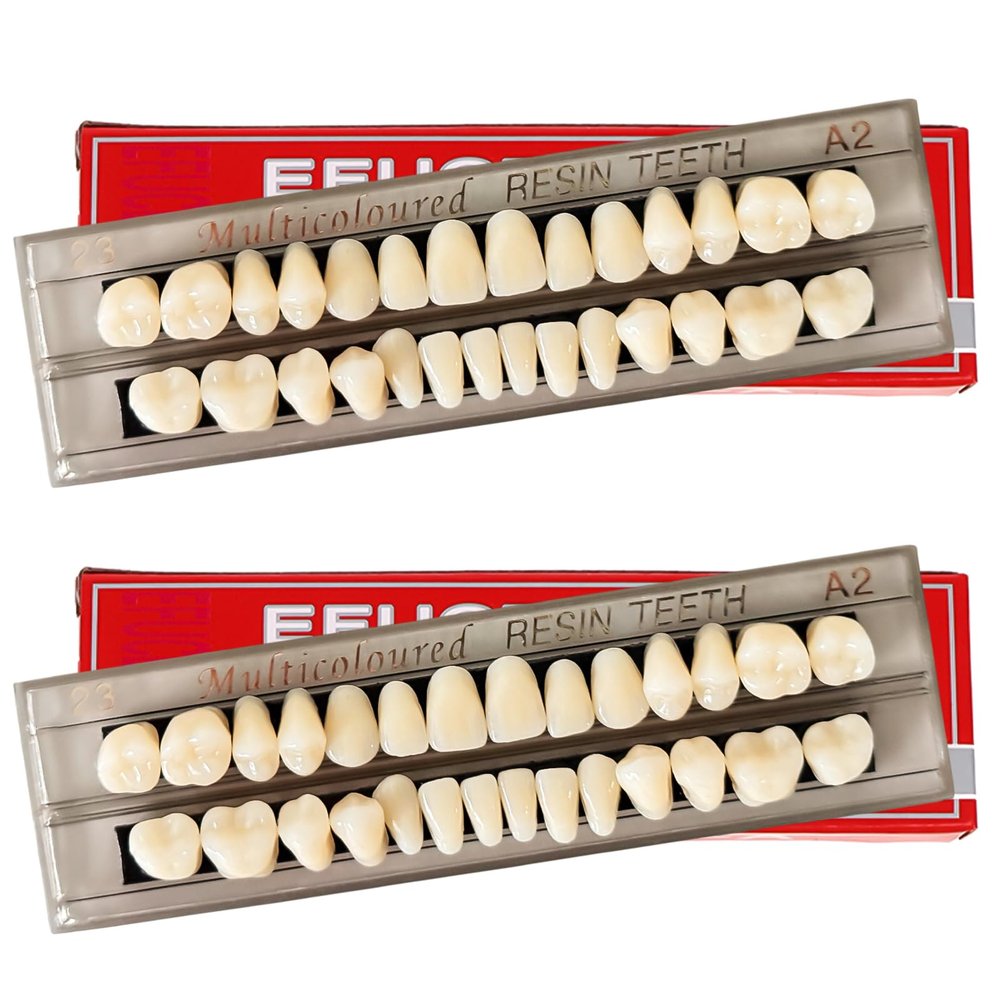 56 Pieces False Teeth, 2 Sets Whole Teeth Synthetic Polymer Denture Teeth, 23 Shade A2 Upper + Lower Dental Materials for Replacement, DIY, or Halloween
