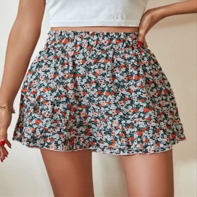ABZEKH Shorts for Women Shorts Women's Shorts Allover Floral Print Ruffle Hem Skort Shorts (Color : Multicolor, Size : Small)