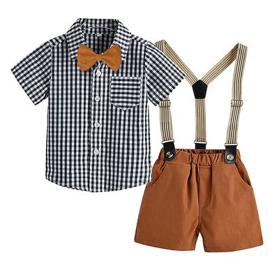 Baby Toddler Newborn Infant Boys Gentleman Suit Suspender Bow Tie Outfits Summer Wedding Tuxedo Formal Clothes Button Down Dress Shirt Short Pants Birthday Outfits Brown+Black Plaid 6-7 Years