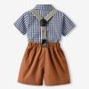 Baby Toddler Newborn Infant Boys Gentleman Suit Suspender Bow Tie Outfits Summer Wedding Tuxedo Formal Clothes Button Down Dress Shirt Short Pants Birthday Outfits Brown+Black Plaid 6-7 Years view 2