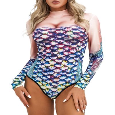 ACSUSS Womens Long Sleeve Rash Guard Mermaid Scale Print Sun Protection Swimsuit Colorful B L/XL