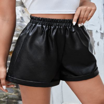 ABZEKH Shorts for Women Shorts Women's Shorts Elastic Waist Roll Hem Leather Shorts Shorts (Color : Black, Size : Medium)