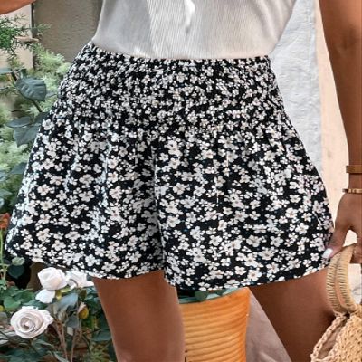 ABZEKH Shorts for Women Shorts Women's Shorts Allover Floral Print Wide Leg Shorts Shorts (Color : Black and White, Size : Small)