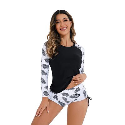 Family Swimsuits Matching Set Women Two Piece Rash Guard Long Sleeve Swimsuits Swim Shirt Bathing Suit with Boyshort Bottom Boyleg Surfing Swimwear UV Protection Swimming Costume Black White XL