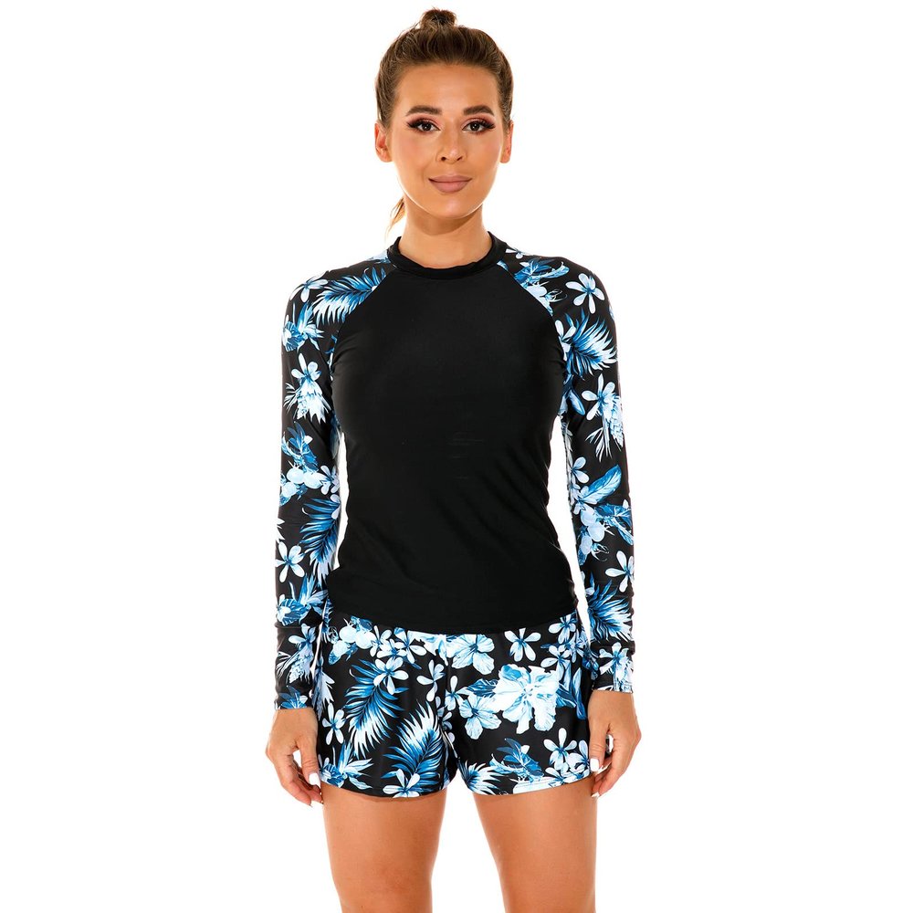 Modest Swimsuits for Women, Women Two Piece Rash Guard Long Sleeve Swimsuits Swim Shirt Bathing Suit with Boyshort Bottom Boyleg Surfing Swimwear UV Protection Swimming Costume Black Blue Flower S