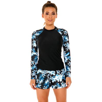 Modest Swimsuits for Women, Women Two Piece Rash Guard Long Sleeve Swimsuits Swim Shirt Bathing Suit with Boyshort Bottom Boyleg Surfing Swimwear UV Protection Swimming Costume Black Blue Flower XXL