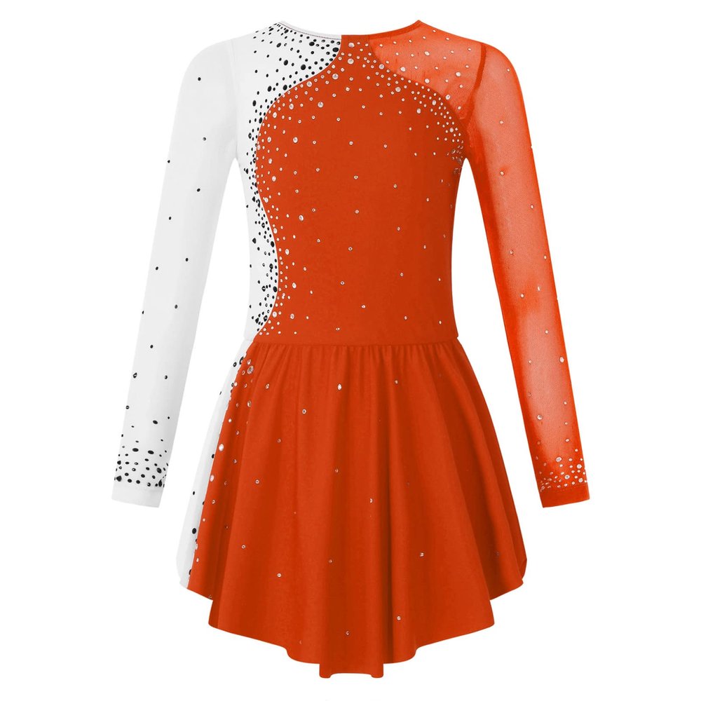 Freebily Kids Girls Figure Ice Skating Dress Mesh Long Sleeve Sparkly Flower Tulle Dance Dress Roller Skating Costume Orange 6 Years