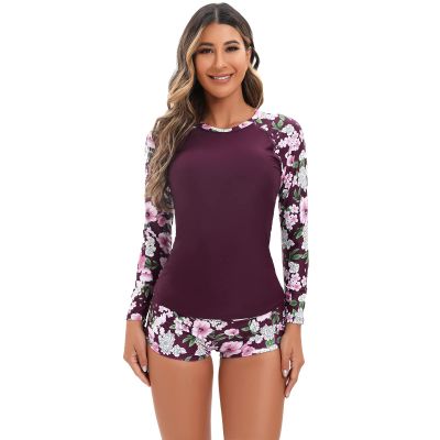 High Neck Swimsuits for Women, Lady Two Piece Rash Guard Long Sleeve Swimsuits Swim Shirt Bathing Suit with Boyshort Bottom Boyleg Surfing Swimwear UV Protection Swimming Costume Purple flower XL