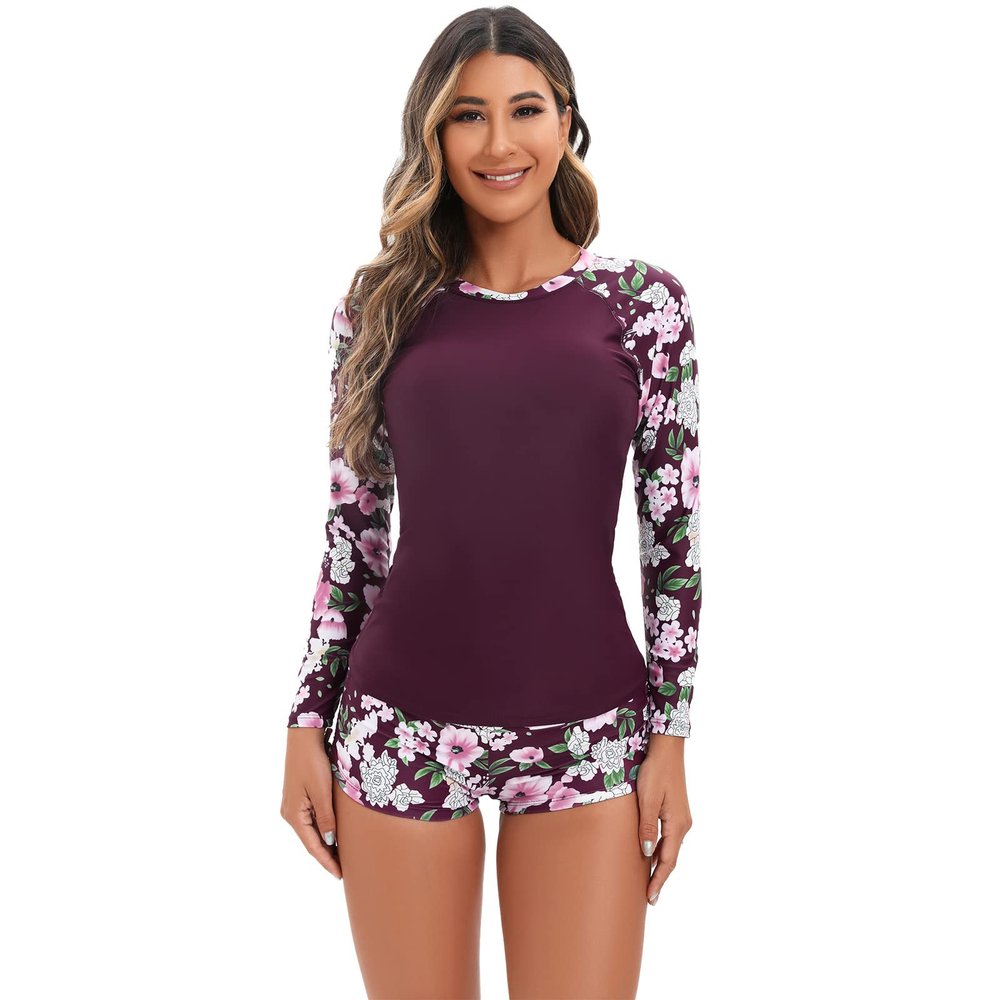High Neck Swimsuits for Women, Lady Two Piece Rash Guard Long Sleeve Swimsuits Swim Shirt Bathing Suit with Boyshort Bottom Boyleg Surfing Swimwear UV Protection Swimming Purple flower XXL