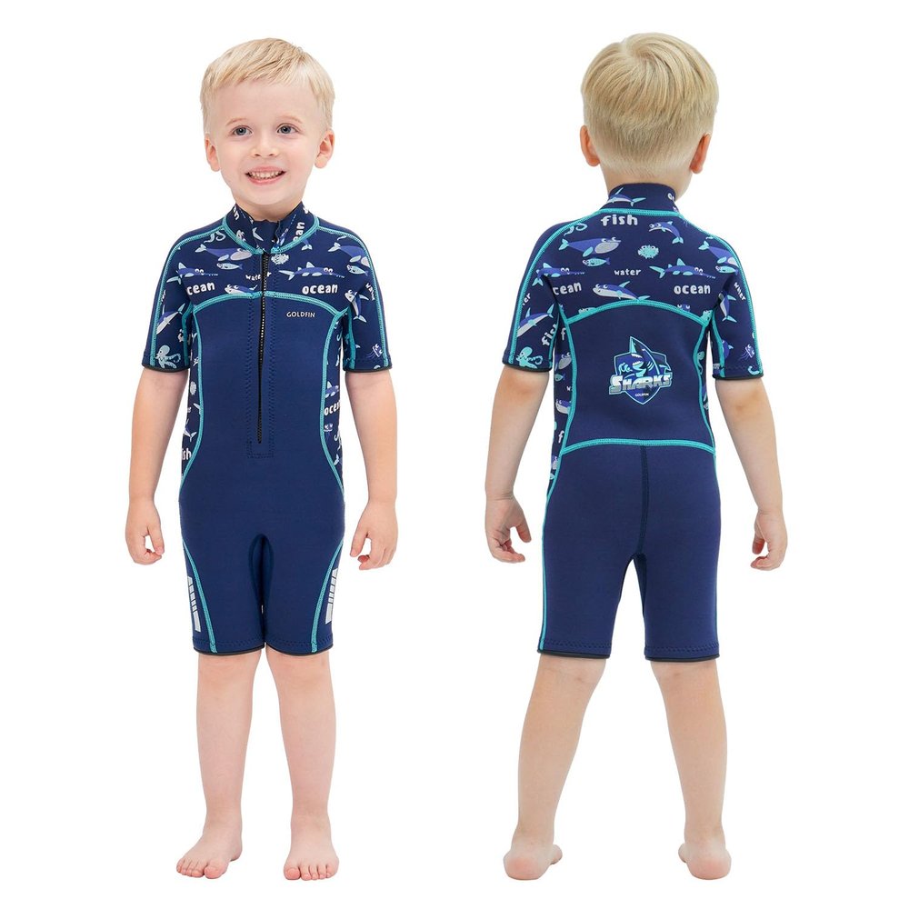 Goldfin Kids Wetsuit for Boys Girls, 3mm Shorty Wetsuits Neoprene Front Zip Wet Suits for Water Sports Surfing Swimming Snorkeling Diving Blue Size 8