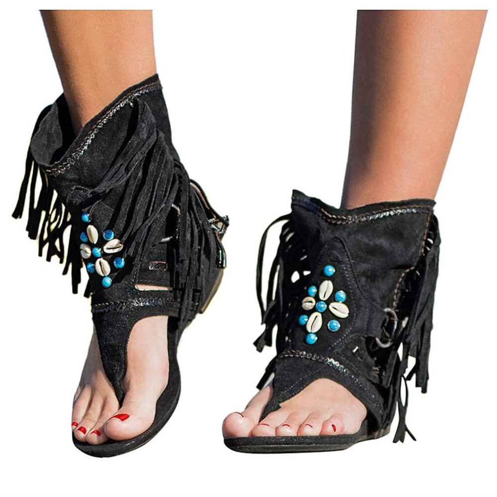 HINDOLA Gladiator Sandals for Women Summer Casual Beach Clip Toe Bohemian Fringe Sandal Open-Toe T-Strap Thong Sandals Roman Tassel Flat Sandals