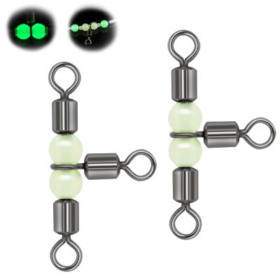 Goture Fishing Swivels,3 Way Swivels Fishing Tackle,T Shape Cross Line Rolling Swivels with Luminous Beads Saltwater Freshwater,Three Way Fishing Swivels Barrel Swivels for Catfish Rig(2/0*1/0,30pcs)