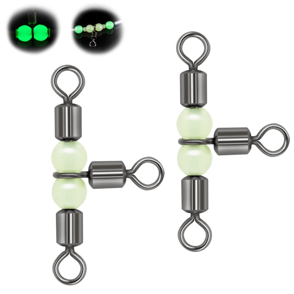 Goture Fishing Swivels,3 Way Swivels Fishing Tackle,T Shape Cross Line Rolling Swivels with Luminous Beads Saltwater Freshwater,Three Way Fishing Swivels Barrel Swivels for Catfish Rig(7 * 8,30pcs)