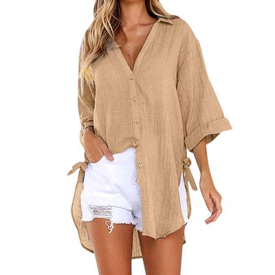 2024 New Women Long Sleeve Boyfriend Button Down Shirts Asymmetrical Casual Lace Up Oversized Tunic Tops