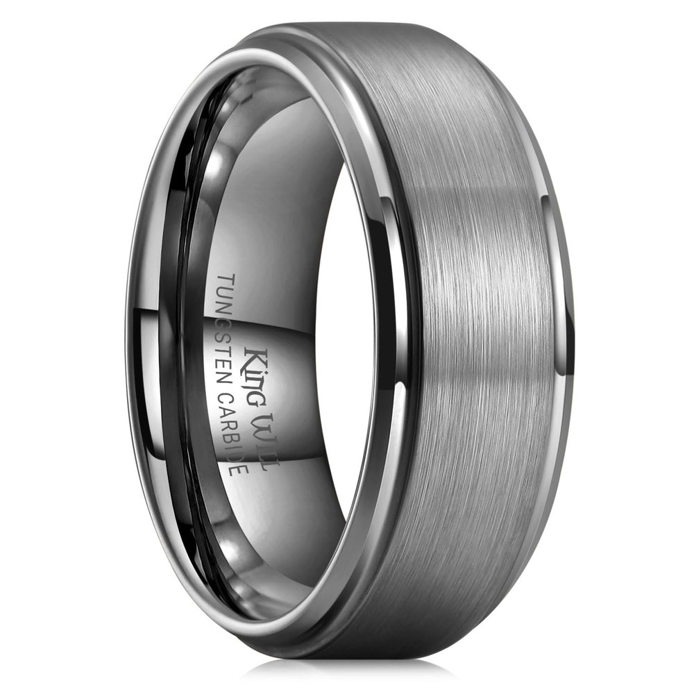 King Will 8mm Mens Gunmetal Wedding Band, Brushed Tungsten Carbide Ring Step Edge Polished Finish Dual Men's Rings, Comfort Fit, Size 11.5