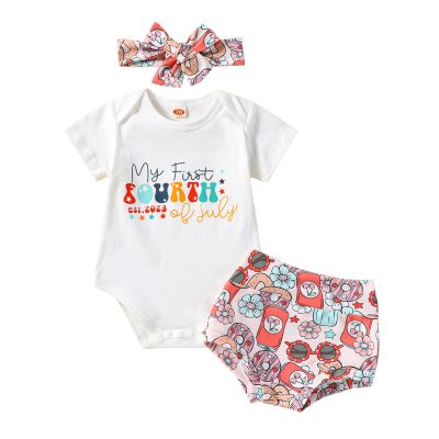 4th of July Baby Girl Outfits Newborn Short Sleeve Daddy's Little Firecracker Romper + Tie Dye Bloomer Shorts Set (White-My First Fourth of July, 3-6 Months)