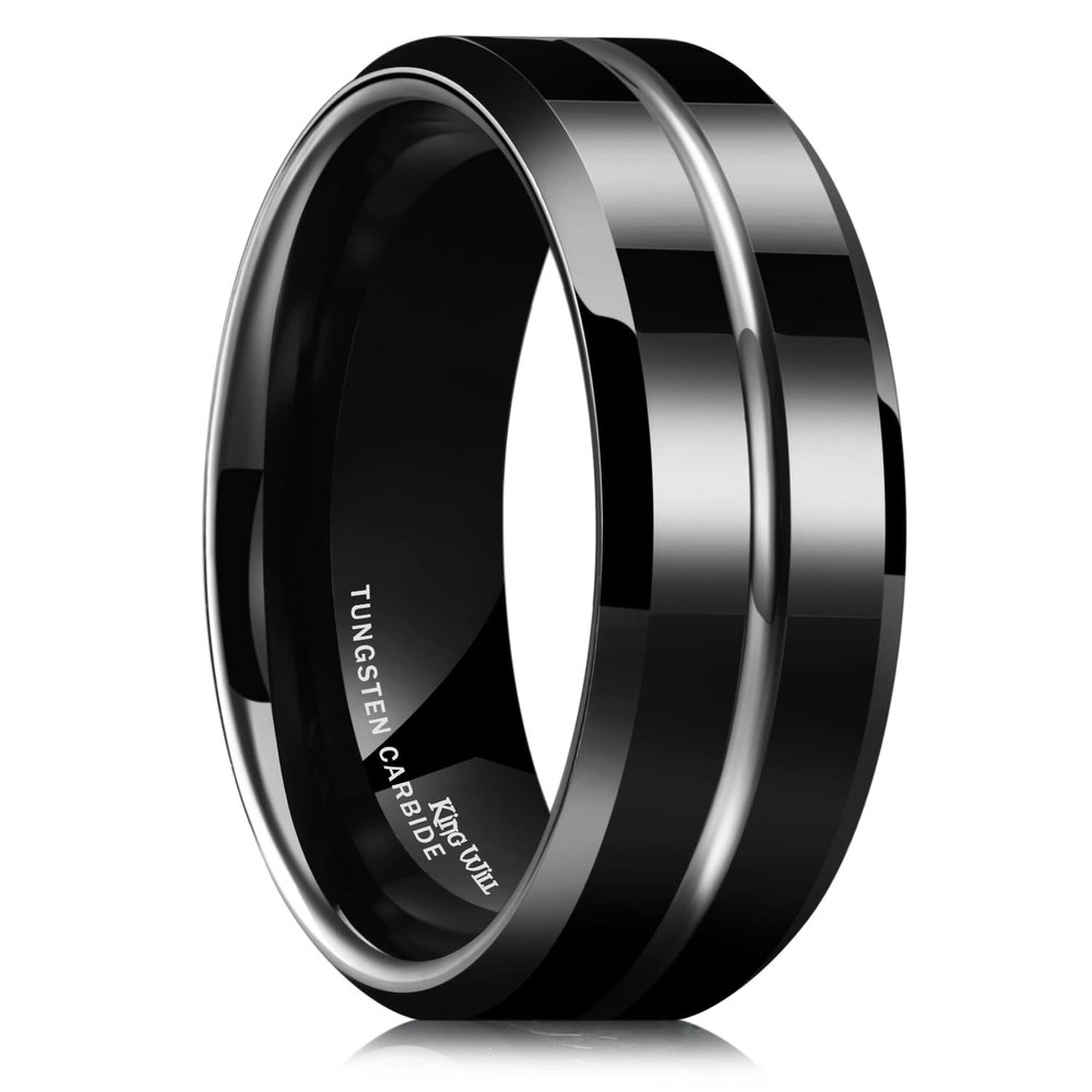 King Will Tungsten Carbide Wedding Band for Men Women-8mm Width in Black with Grooved Center Wedding Ring High Polished Suitable for Work, Gym Comfort Fit Size 8.5
